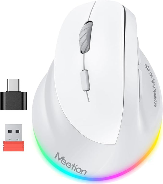 MEETION Left-Handed Mouse, Ergonomic Mouse Wireless Vertical Mouse, RGB Mice for Bluetooth(5.2 + 3.0) & USB-A with Type-c Adapter 4 Adjustable DPI for Mac/Windows/PC/Tablet/iPad Gray