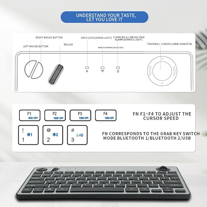 JOMAA 78 Keys Dual Mode Wireless Trackball Keyboard, Bluetooth 5.0 & 2.4G Wireless Keyboard with 19mm Trackball for Windows Mac iOS Android Computer Tablet Desktop