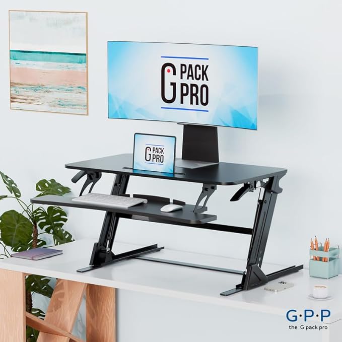 36″ Wide Standing Desk Converter – Sit-to-Stand Workstation for Dual Monitors, Height Adjustable Up to 17.3″ with Large Keyboard Tray – Black