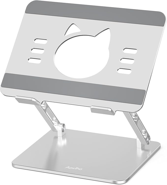 Laptop Stand for Desk – Adjustable Aluminum Laptop Riser with Unique Cat-Shaped Cooling Vent, Portable Desk Gift & Decor, Compatible with MacBook Air Pro, Dell, HP, Lenovo (10"-17.3"), Silver