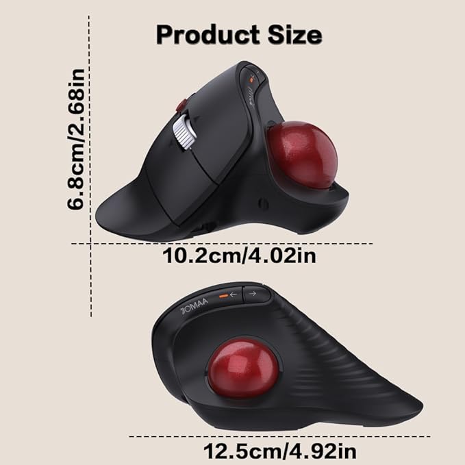 JOMAA Wireless Vertical Trackball Mouse - Ergonomic Design, 3-Device Switching, 2.4G/Bluetooth 5.0, Rechargeable Type-C, Adjustable DPI, Compatible with Windows/macOS/iOS/Android (RED)
