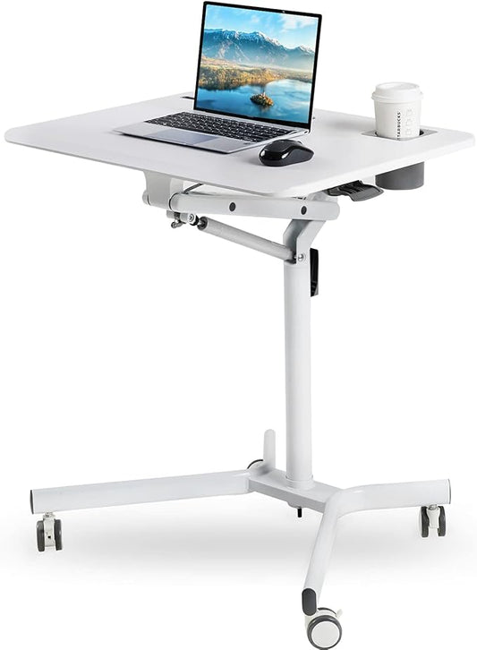 Lipo Mobile Sit Stand Desk - Height Adjustable Standing Laptop Desk Cart Rolling Couch Table on Wheels White Workstation with Gas Spring Riser for Home Office Classroom