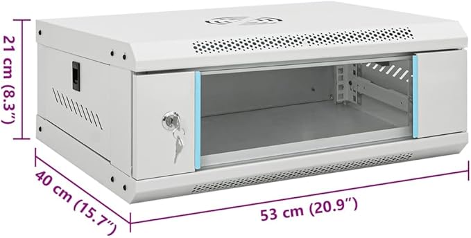 4U Wall Mounted Network Cabinet 19 Inch Server Data Enclosure, Locking Glass Door, IP20 Steel Rack for Networking Equipment, 20.9x15.7x8.3 Inches