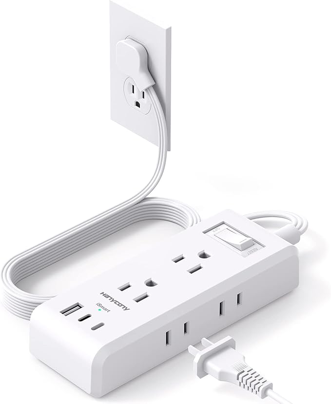 Flat Plug Power Strip, HANYCONY Ultra Thin Extension Cord, 6 Outlets 3 USB Ports(2 USB C), 5ft Multiple Outlet Extender with Wall Mount No Surge Protector for Dorm Room, Cruise, Travel Essentials