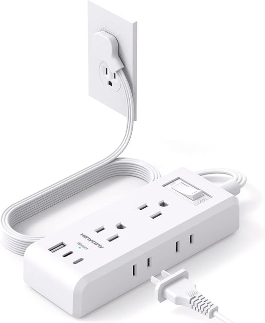 Flat Plug Power Strip, HANYCONY Ultra Thin Extension Cord, 6 Outlets 3 USB Ports(2 USB C), 5ft Multiple Outlet Extender with Wall Mount No Surge Protector for Dorm Room, Cruise, Travel Essentials
