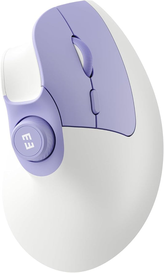 seenda Ergonomic Mouse Wireless, MOU-302 Bluetooth Vertical Mouse Rechargeable, Optical Mice with 1000/1600/2400 DPI, Volume Knob, 3 Multi-Device Connectivity for Computer/PC/Laptop/Mac, White Purple