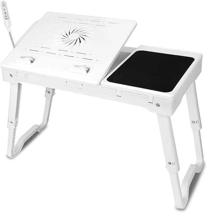 iMountek Laptop Table Bed Notebook Desk-Multi-Functional Laptop Bed Table Tray with Internal Cooling Fan, Laptop Desks with LED Light, 4 USB Ports, Storage, Mouse Pad (white)