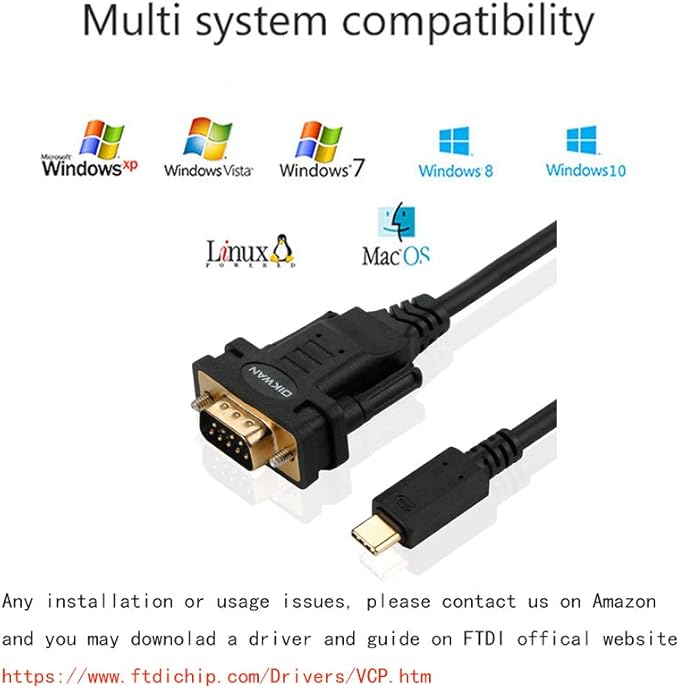 USB-Cto RS232 DB9 Serial Cable Male Converter Adapter with FTDI Chipset for Windows 11,10, 8.1, 8, 7, Vista, XP, 2000, Linux and Mac OS X 10.6 (10ft)