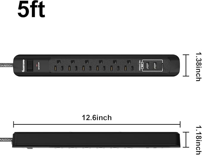 2 Pack Power Strip Surge Protector - 5Ft Extension Cord with 6 Outlets with 3USB Ports(1 USB C) Port, 1875W/15A, Flat Plug, Wall Mount Desk Charging Station for Home Office, Dorm Room