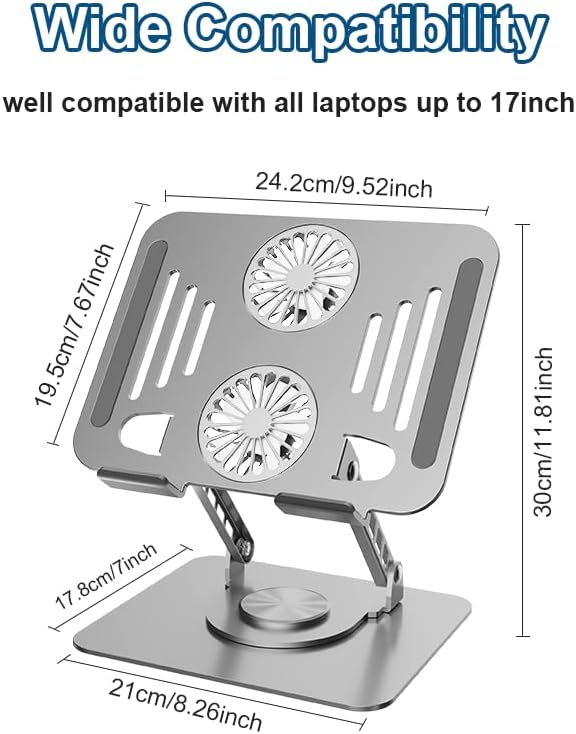 Laptop Cooling Stand with Fan and 360 ° Rotating Base, Adjustable Height, for Desk Gaming/Office Movie Watching and Screen Sharing, Portable Computer Notebook Stand Compatible Up to 17 Inches
