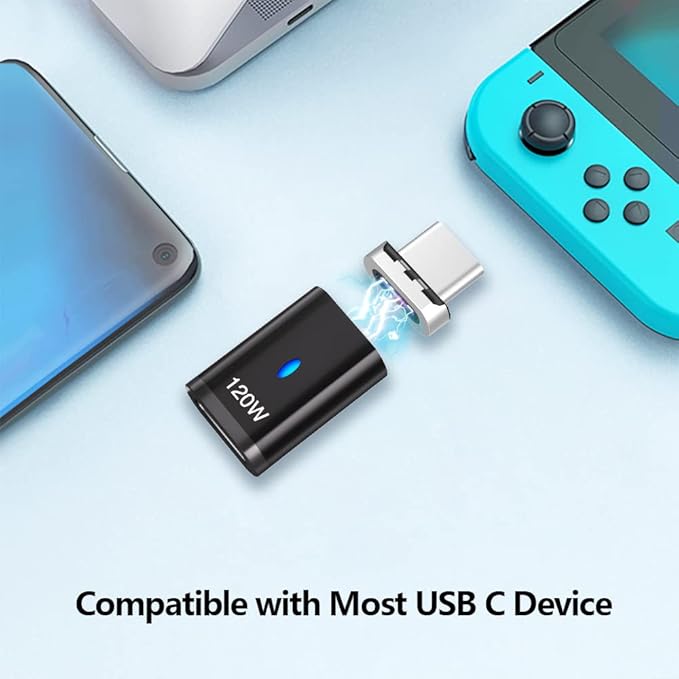 USB C Magnetic Adapter Straight 3 Pack, 120W USB Type C Connector 5Pin with USB2.0 480Mbps Data Transfer, Compatible for MacBook Pro/Air iPad Pro and More USB C Devices, Black