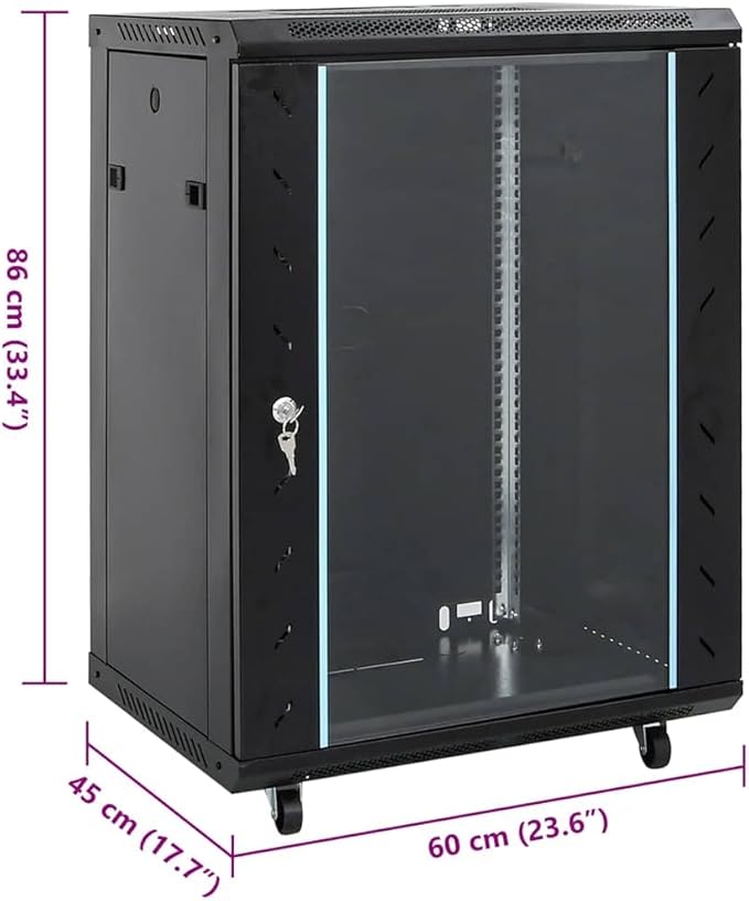 15U Network Cabinet 19 Inch Server Rack Enclosure, 23.6x17.7x33.9 Inch Data Storage Rack with Lockable Tempered Glass Door and Swivel Feet, Cold-Rolled Steel Server Cabinet