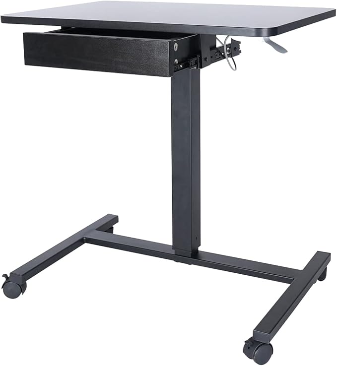 CLATINA Mobile Laptop Standing Desk, Height Adjustable Teacher Podium with Lockable Wheels, Adjustable Work Table with Drawer, Computer Cart Overbed Table for Home Office Classroom, Black