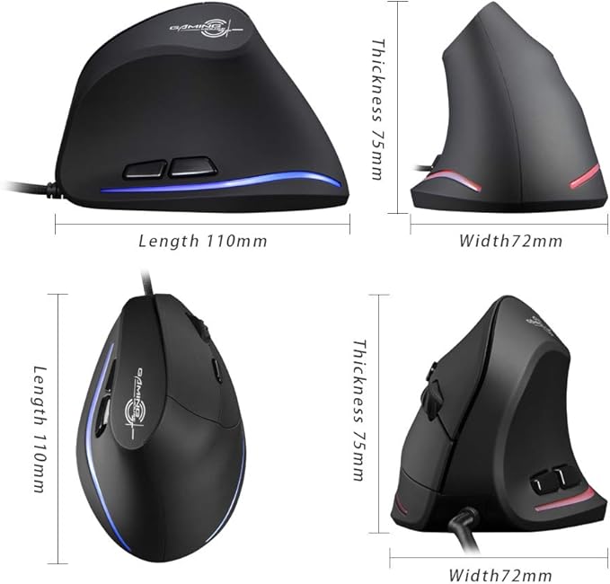 Zelotes T20 Ergonomic Vertical Mouse, 3200 DPI 6 Buttons LED Optical USB Wired Gaming Mouse for Gamer, Notebook, PC, Mac, Desktop, Laptop (Black)