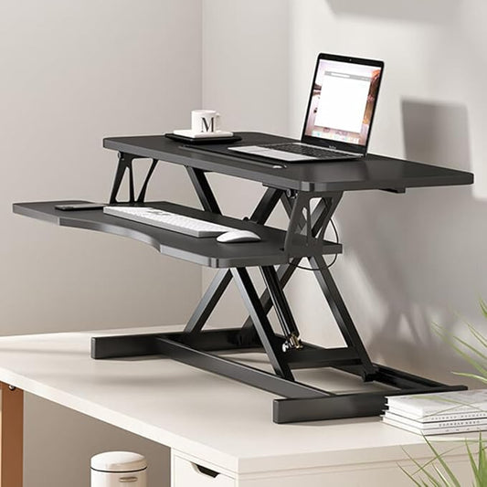 Black Desk Riser for Computer Monitors & Laptop Workstation, Height Adjustable 32 Inch Stand Up Desk Converter, Sit To Stand Tabletop Dual Monitor Riser Workstation with Wide Keyboard Tray