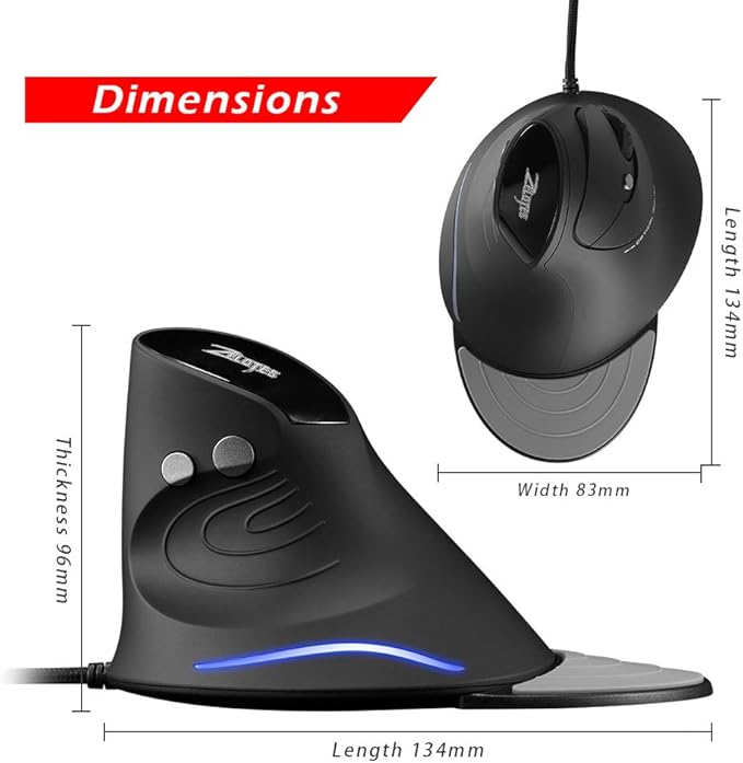 zelotes Wired Vertical Mouse,3200DPI,6 Buttons,Removable Wrist Rest,Ergonomic Design,LED Illumination,USB Optical Mouse for Laptop,PC,Mac,Black