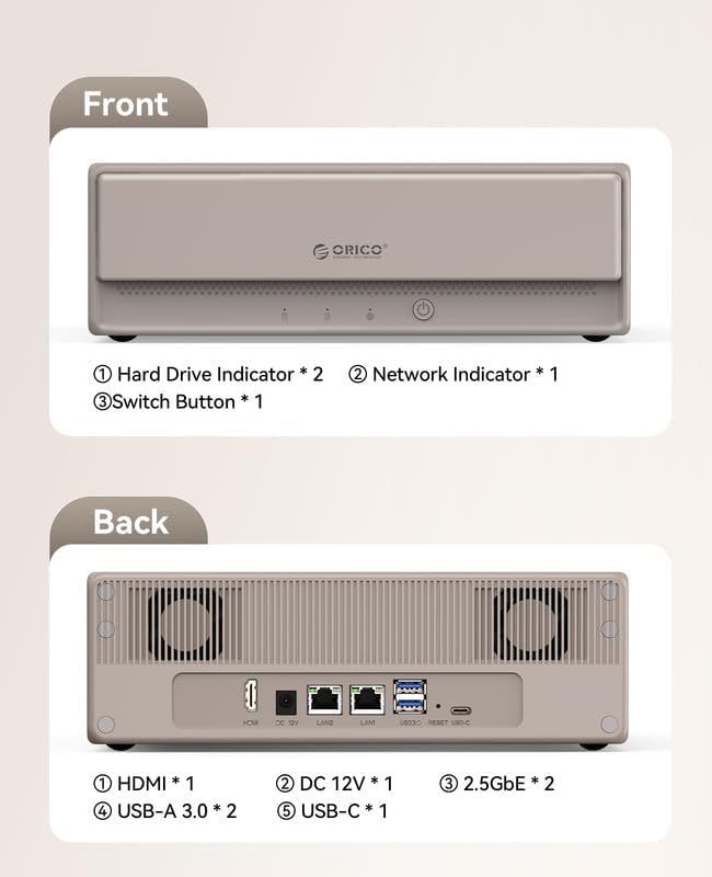 ORICO MetaHome NAS Storage, CyberData OS, HDD Slot * 2 + M.2 NVMe SSD Slot * 2, Remote Access & Smart Media Scraping, 2.5 GbE * 2(500MB/s for LAN Transmission), HDMI * 1, CS200Pro - 2 Bay(Diskless)