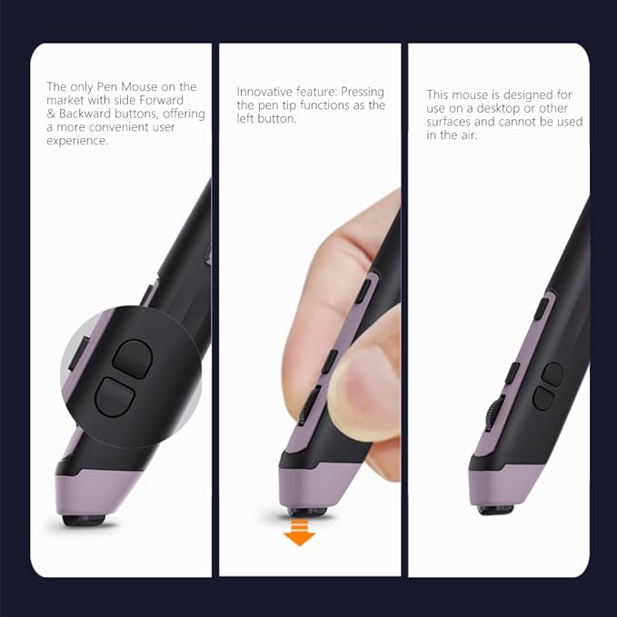 Plima Ergonomic Pen Mouse 2.0 - Dual Mode Bluetooth & 2.4G Wireless Optical Stylus Natural Pen-Tip Press-to-Click Design Pocket-Sized for Laptop, iWindows 7/8/10/11, Android, Linux, Mac OS(Purple)