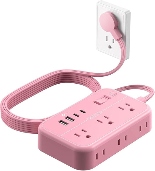 Pink Extension Cord Surge Protector Power Strip with 6 Outlets 4 USB Ports(20W), Flat Extension Cord with Multiple Outlets, 5 ft Flat Plug Outlet Extender for Indoor, Home, Office