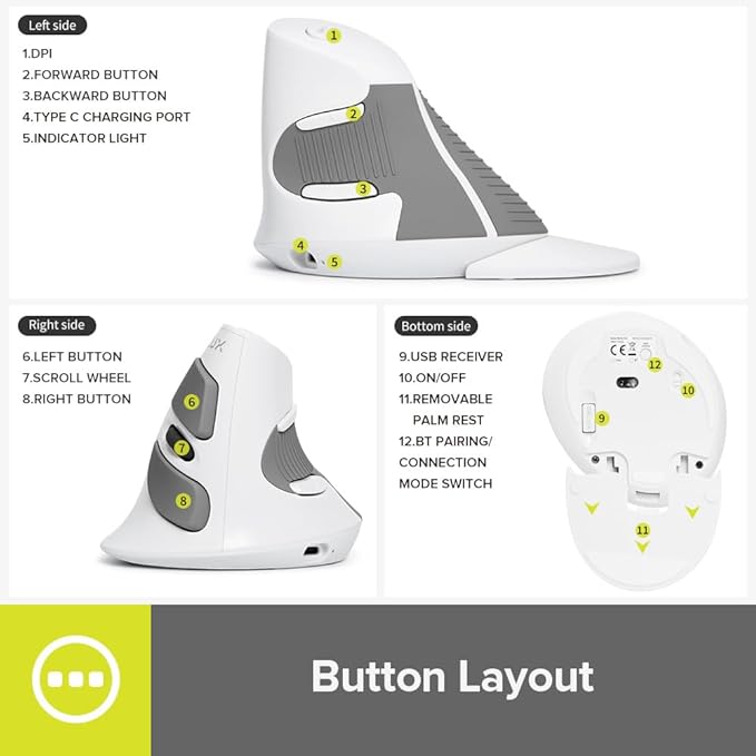 DELUX Ergonomic Vertical Mouse Wireless, Rechargeable Vertical Mouse, Bluetooth/2.4G Dual Mode, Slient Click, Removable Wrist Rest, 800/1200/1600DPI Levels, 6 Buttons, for Laptop/PC (M618G DB-White)