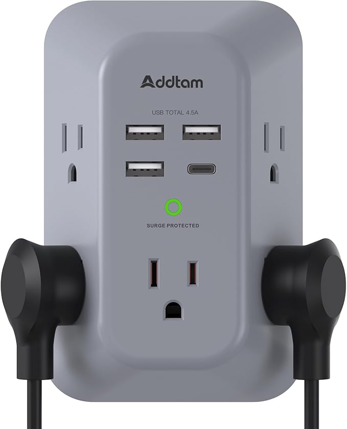 Addtam Surge Protector Outlet Extender, Multi Plug Wall Outlet with 4 USB Ports(1 USB-C), 3-Sided 1800J Power Strip Plug Extension Outlet Splitter, Gray