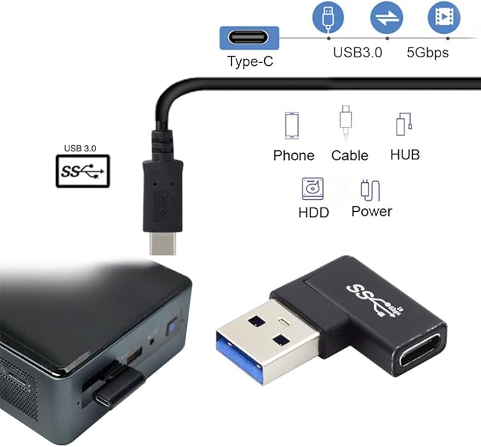 NFHK USB-C Type C Female to USB 3.0 A Male Data Adapter Flat Horizontal 90 Degree Left Angled for Laptop Desktop