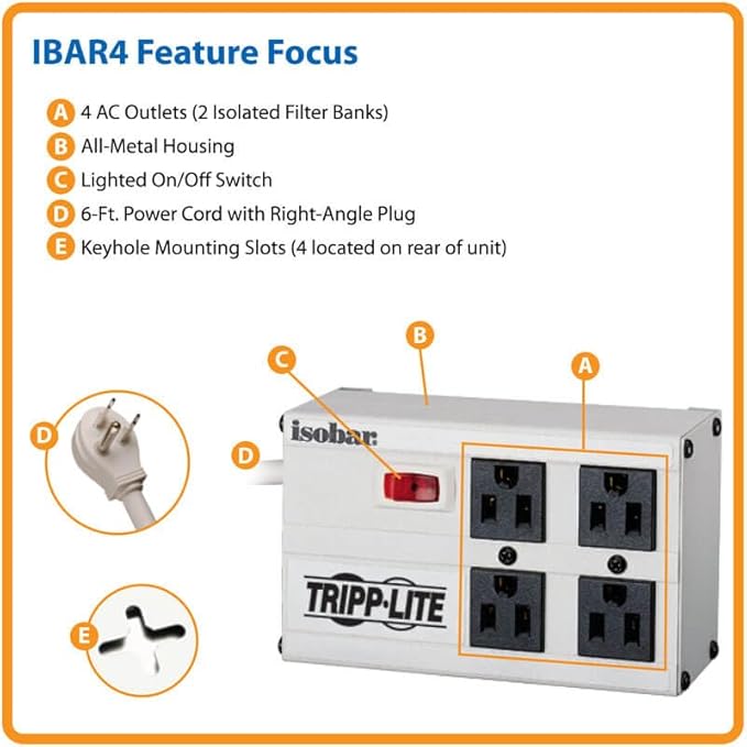 Tripp Lite IBAR4-6D Premium Isobar 4-Outlet Surge Protector Power Strip, 6ft. Cord, Right Angle Plug, 3330 Joules, Metal Housing, Lifetime Manufacturer's Warranty & $50,000 Insurance