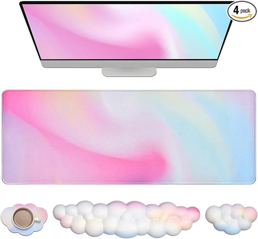 JIKIOU Large Cloud Mouse Pad Waterproof with Cloud Keyboard Wrist Pad and Cloud Mouse Wrist Pad Set, Ergonomic Computer Desk Wrist Support Mousepad for Keyboard and Mouse Rainbow 31.5x11.8in