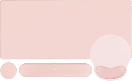 MOSISO Wrist Rest for Keyboard Mouse Pad Set, Large Gaming Deskpad&Circle Curved Mousepad&Keyboard Wrist Rest&Coaster, Ergonomic Non-Slip Mousepad&Easy Typing Pad with Silicone Lining, Baby Pink