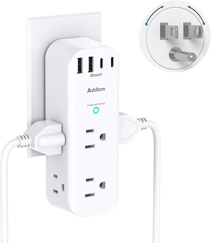 Surge Protector Wall Outlet Extender, Multi Plug Outlet with Rotating Plug, 6 AC Outlets 4 USB Ports (2 USB C), 1800J, 3-Side Power Strip Wall Mount, Outlet Splitter for College Dorm Travel Essentials