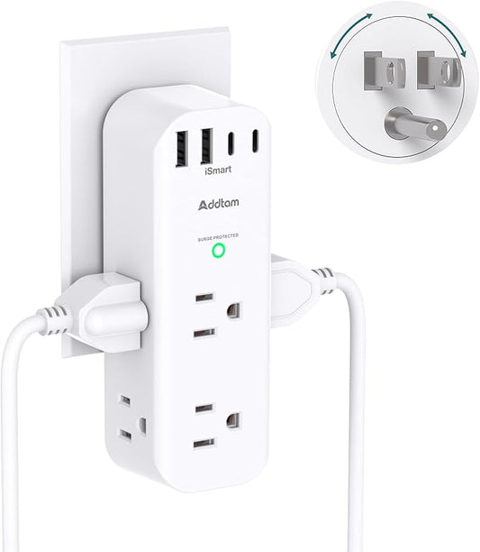 Surge Protector Wall Outlet Extender, Multi Plug Outlet with Rotating Plug, 6 AC Outlets 4 USB Ports (2 USB C), 1800J, 3-Side Power Strip Wall Mount, Outlet Splitter for College Dorm Travel Essentials