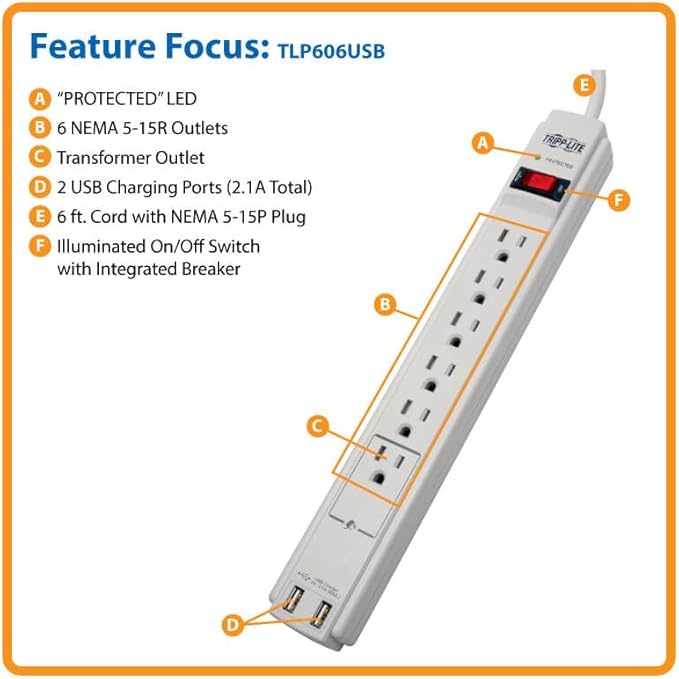 Tripp Lite 6 Outlet Surge Protector Power Strip 6ft Cord 990 Joules Dual USB Charging LED & INSURANCE (TLP606USB