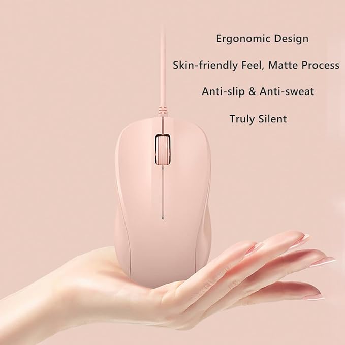 CORN USB Silent Wired Computer Mouse with Easy Click for Office and Home, 1200DPI, Premium and Portable, Compatible with Windows PC, Laptop, Desktop, Notebook (Pink)