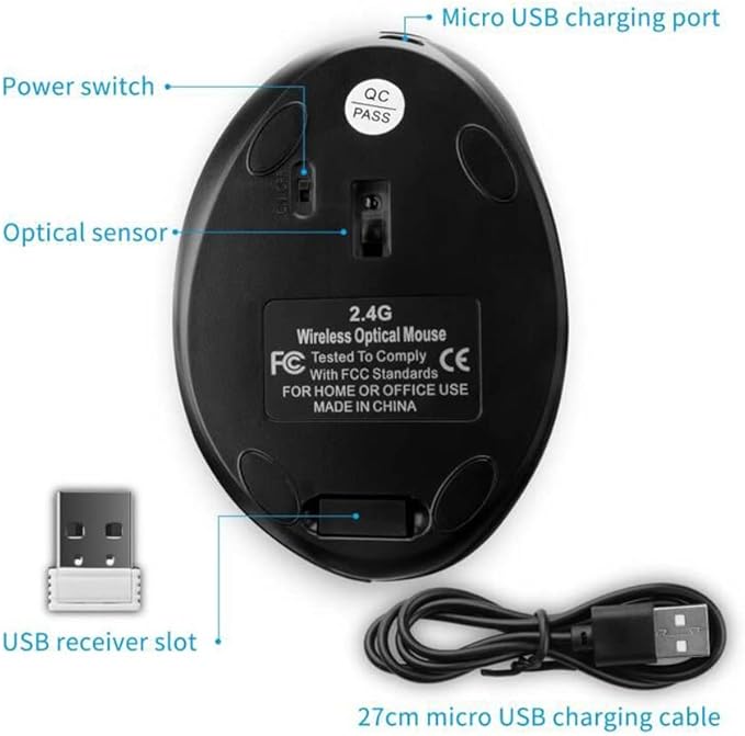 YOCUNKER USB Rechargeable Vertical Mouse 2.4GHz Wireless M Size for Small Hands, Ergonomic Optical Low Noise 6 Buttons, Reduce Wrist Strain, for MacBook/PC/Laptop/Desktop/Windows,Black