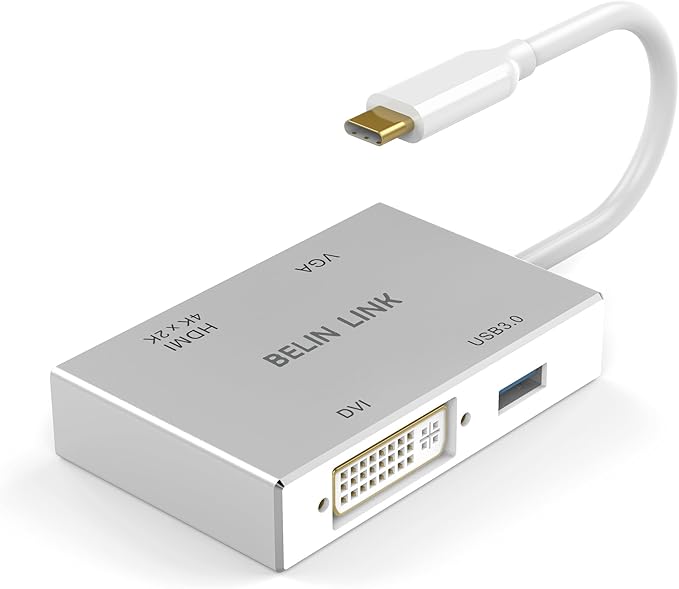 USB C to HDMI DVI VGA USB3.0 Adapter,USB 3.1 Type-C 4in1 Hub to HDMI DVI 4K VGA USB Adaptor Converter (Thunderbolt 3 Compatible), USB-C Adapter for MacBook/MacBook Pro air/Surface pro