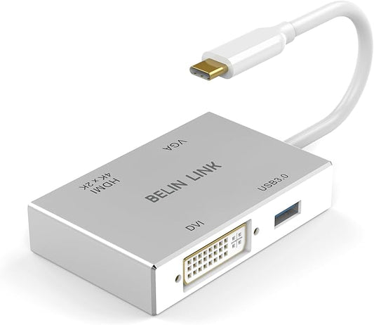 USB C to HDMI DVI VGA USB3.0 Adapter,USB 3.1 Type-C 4in1 Hub to HDMI DVI 4K VGA USB Adaptor Converter (Thunderbolt 3 Compatible), USB-C Adapter for MacBook/MacBook Pro air/Surface pro