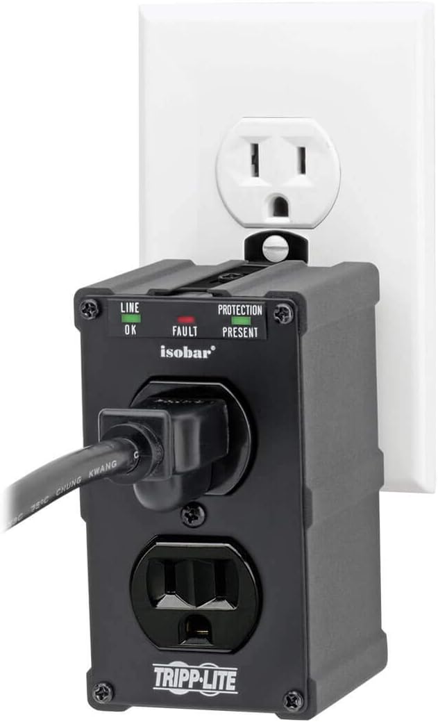 Tripp Lite Isobar ULTRABLOK Heavy Duty Outlet Extender, Wall Power Strip Surge Protector, 2 Outlets, Direct Plug-in, Black, Metal Power Strip, Industrial Garage Work Shop Bench