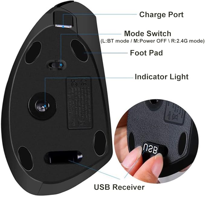 Vertical Mouse, Right Handed 2.4GHz Wireless Ergonomic Rechargeable Vertical Mouse with 4 Adjustable DPI 800/1200/1600/2400, 6 Buttons,Compatible with PC, Desktop,Mac (Black)…