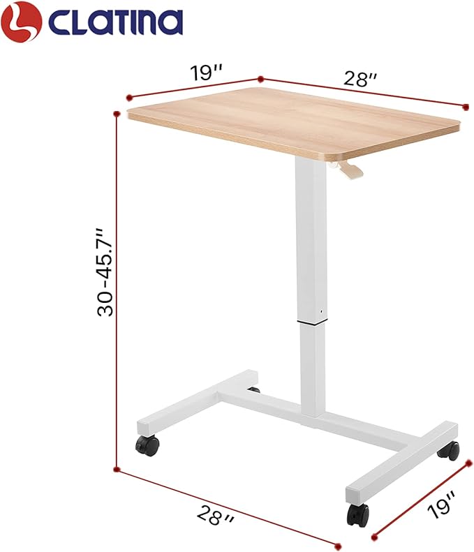 CLATINA Mobile Laptop Desk Pneumatic Sit to Stand Table Height Adjustable Rolling Cart with Lockable Wheels for Home Office Computer Workstation 28" x 19" Beige Round Edge Design Elegant