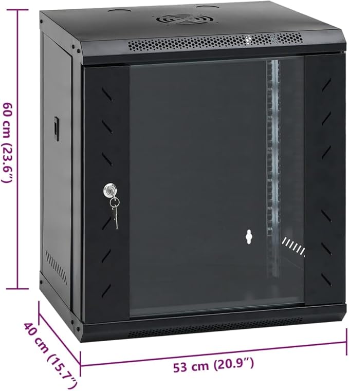 12U Wall Mounted Network Cabinet, 19 Inch Data Server Rack Enclosure with Lockable Toughened Glass Door, 20.9 x 15.7 x 23.6 Inches, Cold-Rolled Steel IT Rack