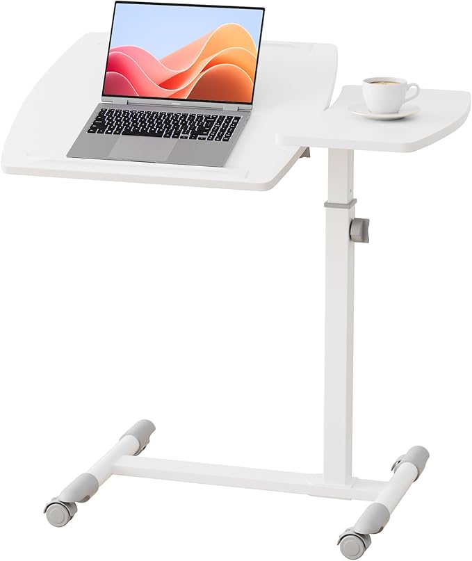 GTPLAYER Mobile Small Standing Desk, Tiltable Sit Stand Portable Rolling Laptop Desk with Lockable Wheels, Adjustable Height Overbed Bedside Table Computer Workstations, White