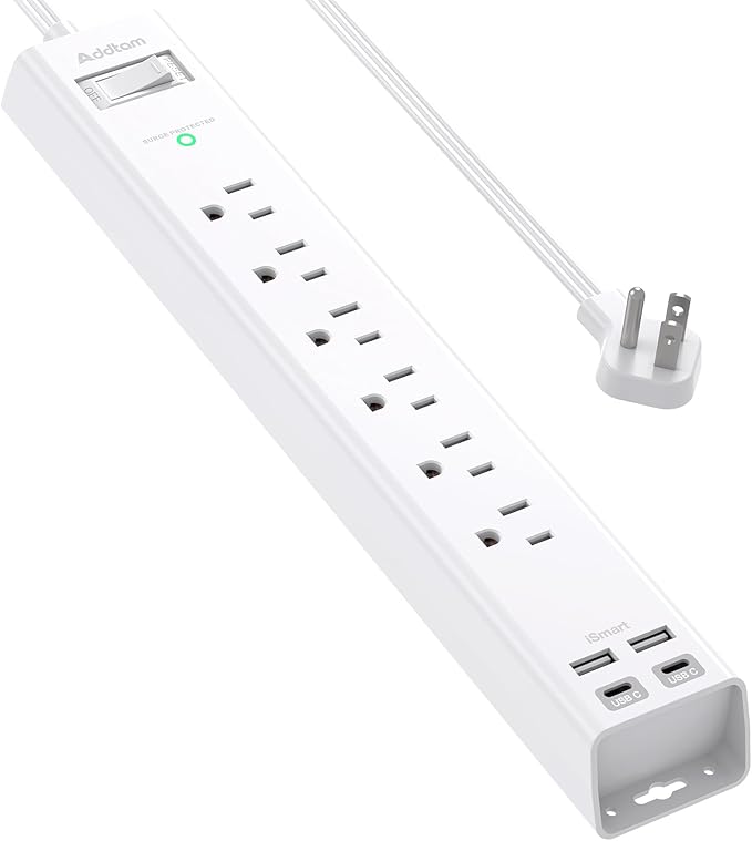 Power Strip Surge Protector - Addtam Extension Cord with 6 AC Outlets and 4 USB Ports (2 USB-C), Flat Plug Extension Cord, Wall Mount for Home, Office, College Dorm Essentials, ETL Listed, White