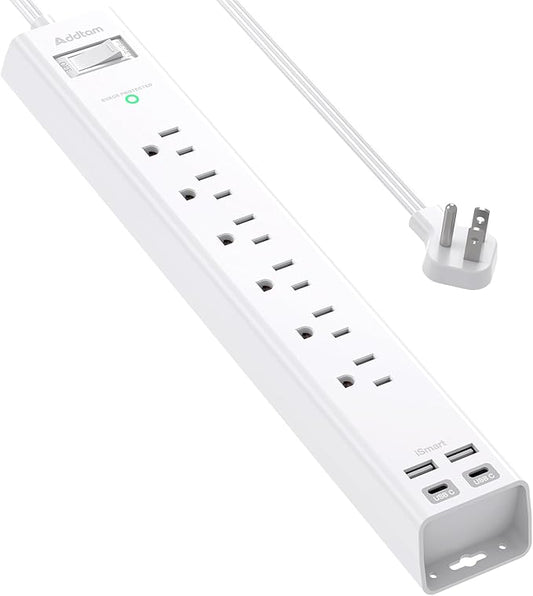 Power Strip Surge Protector - Addtam Extension Cord with 6 AC Outlets and 4 USB Ports (2 USB-C), Flat Plug Extension Cord, Wall Mount for Home, Office, College Dorm Essentials, ETL Listed, White