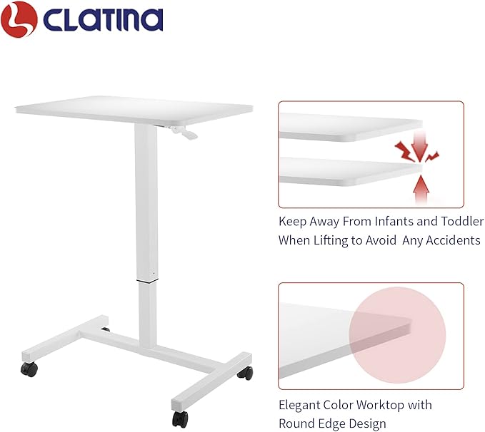 CLATINA Mobile Laptop Desk Pneumatic Sit to Stand Table Height Adjustable Rolling Cart with Lockable Wheels for Home Office Computer Workstation 28" x 19" White Round Edge Design Elegant