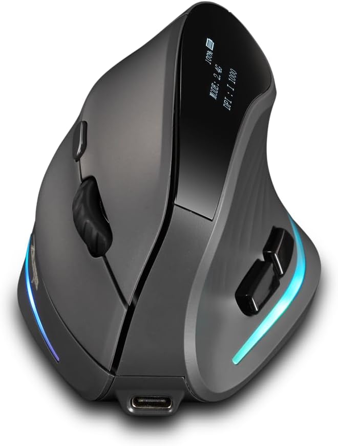 zelotes Wireless Mouse with Display,Portable Bluetooth,4000DPI,2-in-1(BT 5.0/3.0+2.4Ghz),Rechargeable,3 Device Connection,6 Buttons Vertical Ergonomic Mouse for PC,Laptop,Tablets