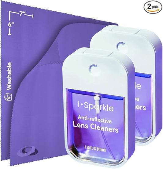 I-Sparkle Anti-Reflective Lens Cleaner Spray kit | (2x) 1.35oz Glasses Cleaner Spray + (2x) Microfiber Cloth for Eyeglasses, Sunglasses, Lenses, Screens and Camera Cleaning Kit (4 Piece Set)
