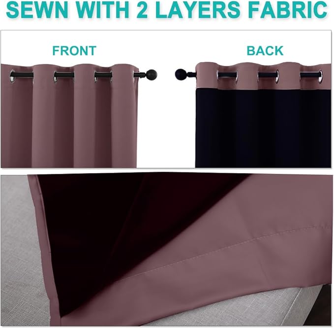 NICETOWN 100% Blackout Curtains for Windows, Dry Rose, Pack of 2, 52 inches W x 120 inches L, Super Heavy-Duty Black Lined Total Darkness Drapes for Bedroom, Privacy Assured Window Treatment for Patio