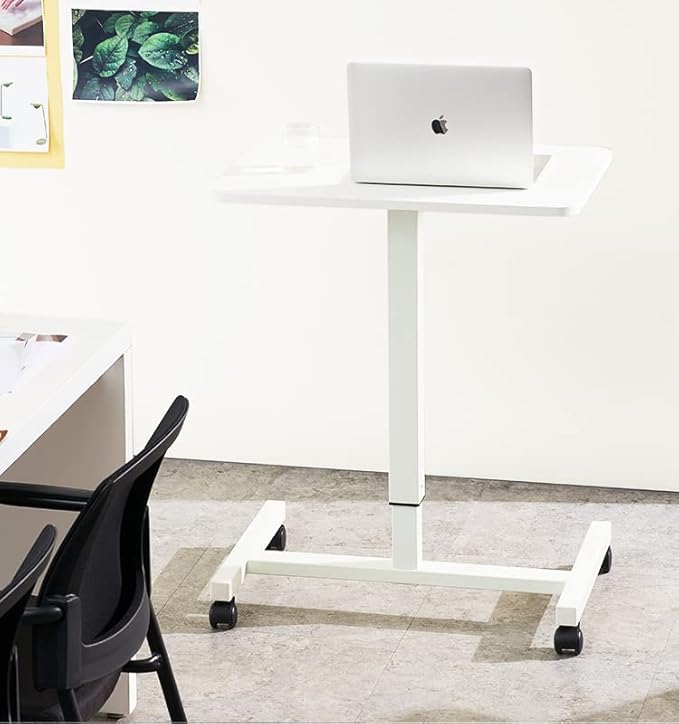 CLATINA Mobile Laptop Desk Pneumatic Sit to Stand Table Height Adjustable Rolling Cart with Lockable Wheels for Home Office Computer Workstation 28" x 19" White Round Edge Design Elegant