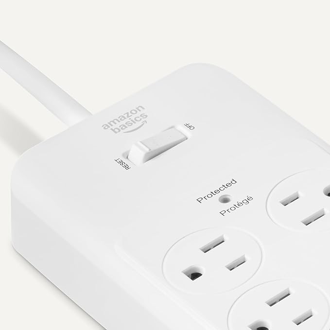 Amazon Basics 12-Outlet Surge Protector Power Strip, 4000 Joules, 8ft Extension Cord, Rectangle, for Home, Office, Gaming Room, White