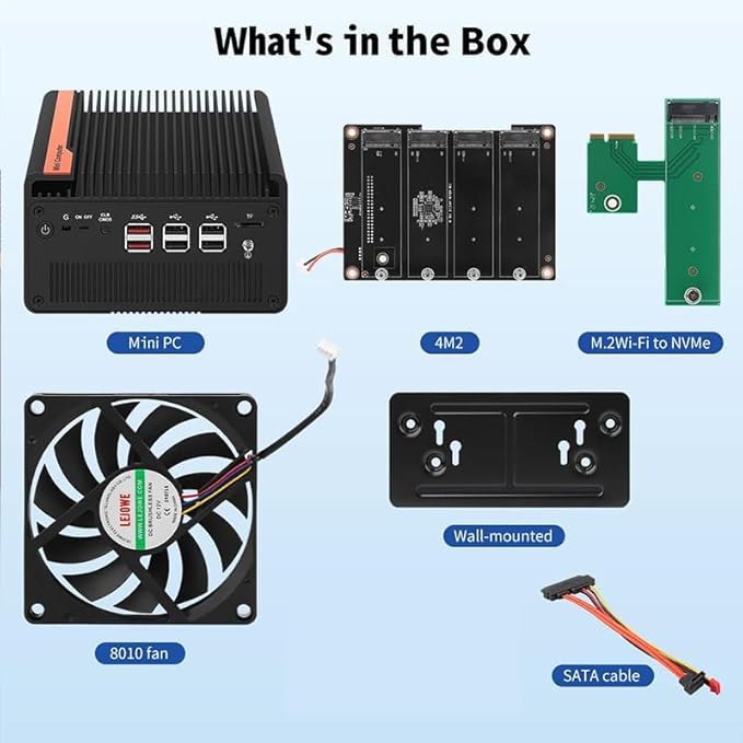 Mini PC NAS 5 M.2 Nvme Pocket NAS Small PC,4X2.5GbE LAN Mirco Desktop Computer 2HD 4K@60HZ,Router/QNAS/Firewall DDR5 for Office Business (N150-No Memory, no Hard Drive)